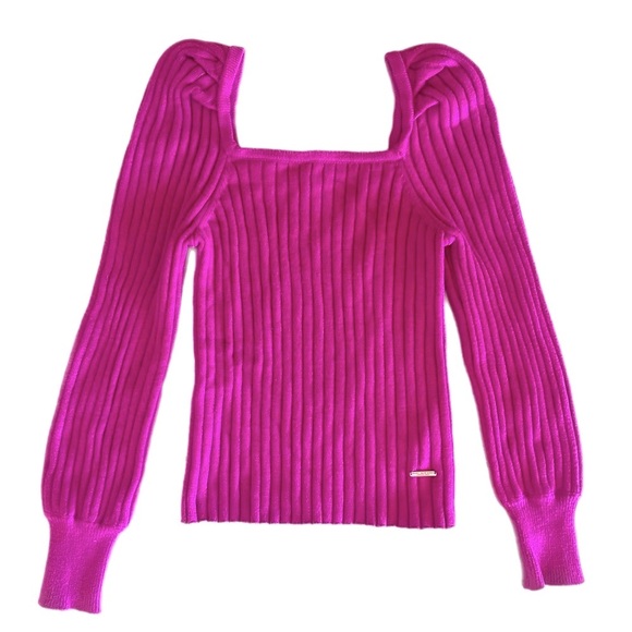 MARC NEW YORK Like New Square Neck Puff Sleeve Ribbed Sweater in Fuchsia XS - Picture 4 of 5